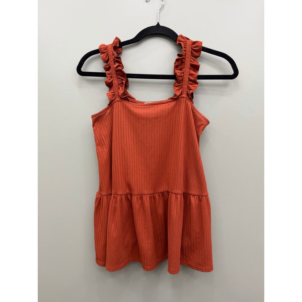 Entro Rust Ribbed Peplum Tank Top S Ruffle Strap Square Neck Boho - Picture 2 of 5
